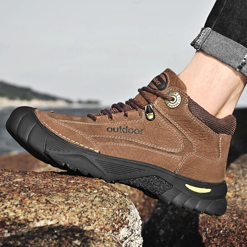 HIKEUP Men's Outdoor Hiking Shoes Cow Leather Winte Boot Waterproof Non-Slip Trekking Sneakers Durable Sports Protecting the toe