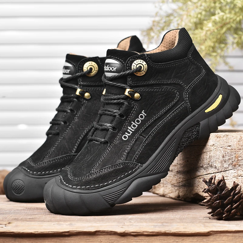 HIKEUP Men's Outdoor Hiking Shoes Cow Leather Winte Boot Waterproof Non-Slip Trekking Sneakers Durable Sports Protecting the toe