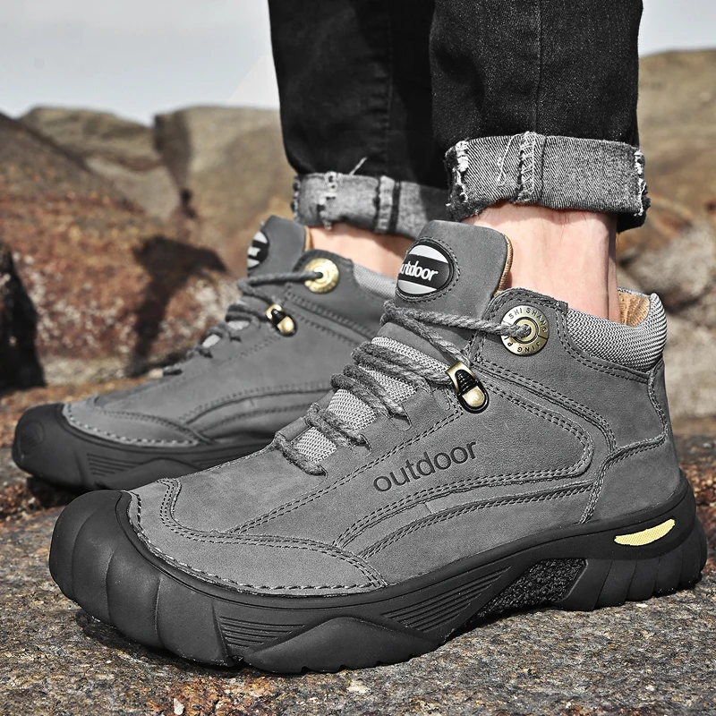 HIKEUP Men's Outdoor Hiking Shoes Cow Leather Winte Boot Waterproof Non-Slip Trekking Sneakers Durable Sports Protecting the toe