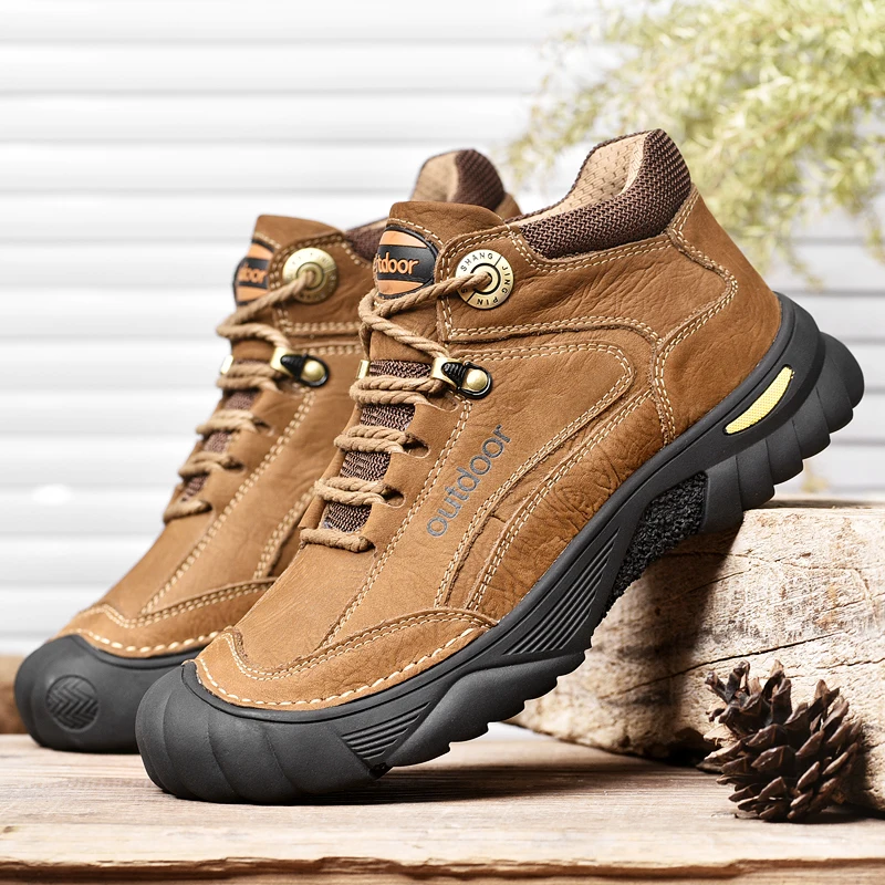 HIKEUP Men's Outdoor Hiking Shoes Cow Leather Winte Boot Waterproof Non-Slip Trekking Sneakers Durable Sports Protecting the toe