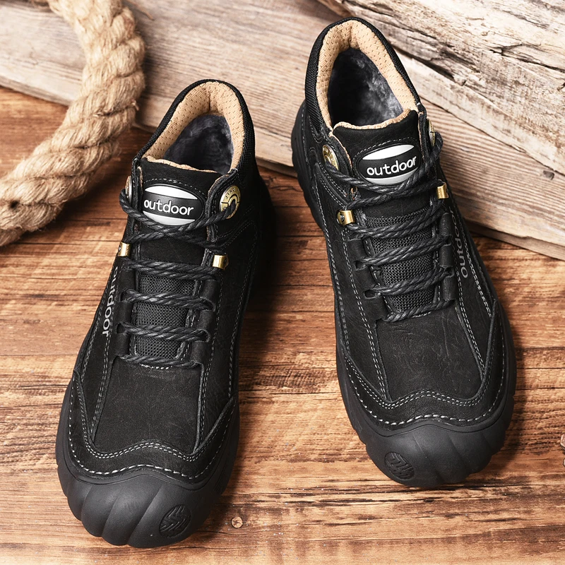 HIKEUP Men's Outdoor Hiking Shoes Cow Leather Winte Boot Waterproof Non-Slip Trekking Sneakers Durable Sports Protecting the toe