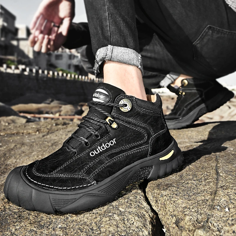 HIKEUP Men's Outdoor Hiking Shoes Cow Leather Winte Boot Waterproof Non-Slip Trekking Sneakers Durable Sports Protecting the toe