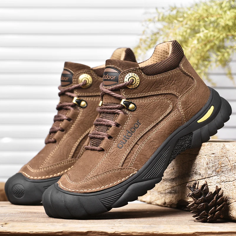HIKEUP Men's Outdoor Hiking Shoes Cow Leather Winte Boot Waterproof Non-Slip Trekking Sneakers Durable Sports Protecting the toe