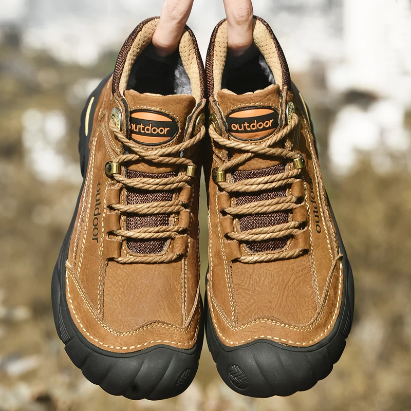 HIKEUP Men's Outdoor Hiking Shoes Cow Leather Winte Boot Waterproof Non-Slip Trekking Sneakers Durable Sports Protecting the toe
