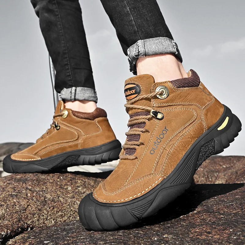 HIKEUP Men's Outdoor Hiking Shoes Cow Leather Winte Boot Waterproof Non-Slip Trekking Sneakers Durable Sports Protecting the toe