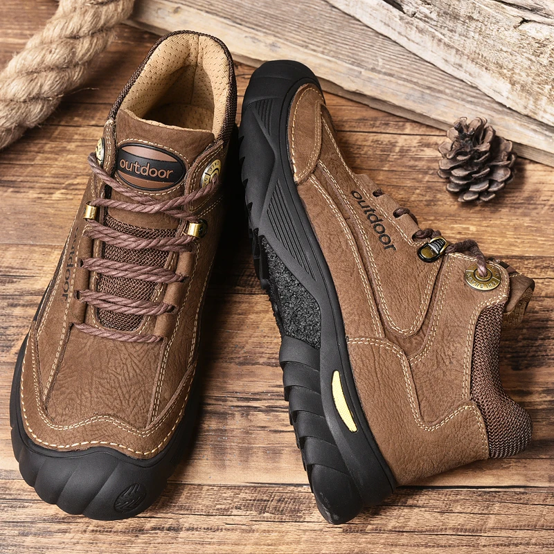 HIKEUP Men's Outdoor Hiking Shoes Cow Leather Winte Boot Waterproof Non-Slip Trekking Sneakers Durable Sports Protecting the toe