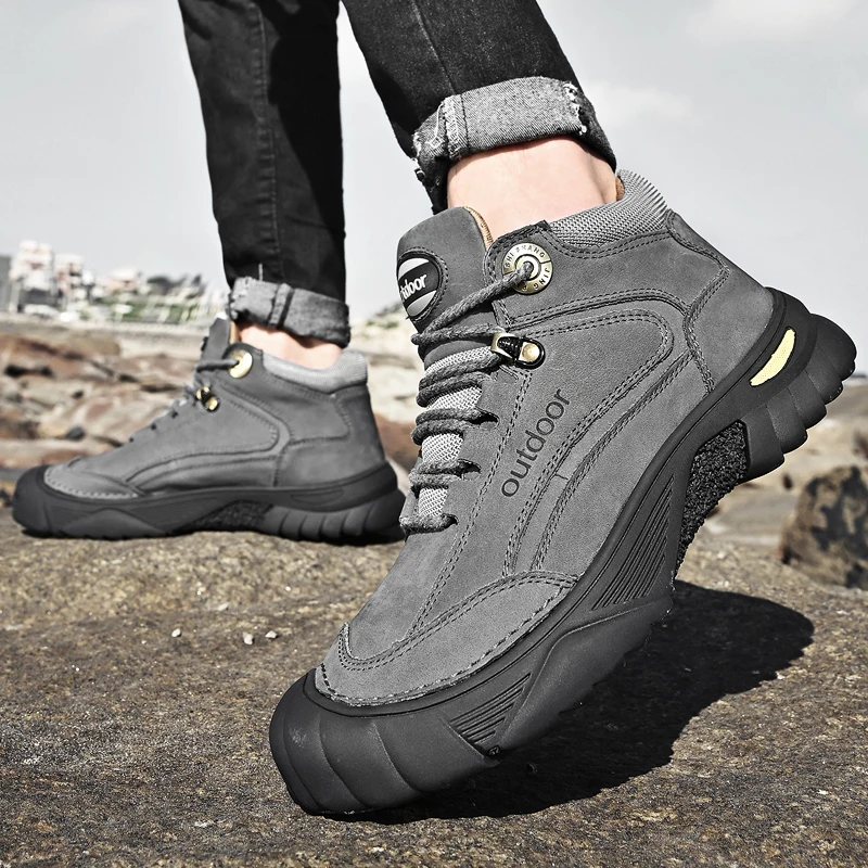 HIKEUP Men's Outdoor Hiking Shoes Cow Leather Winte Boot Waterproof Non-Slip Trekking Sneakers Durable Sports Protecting the toe