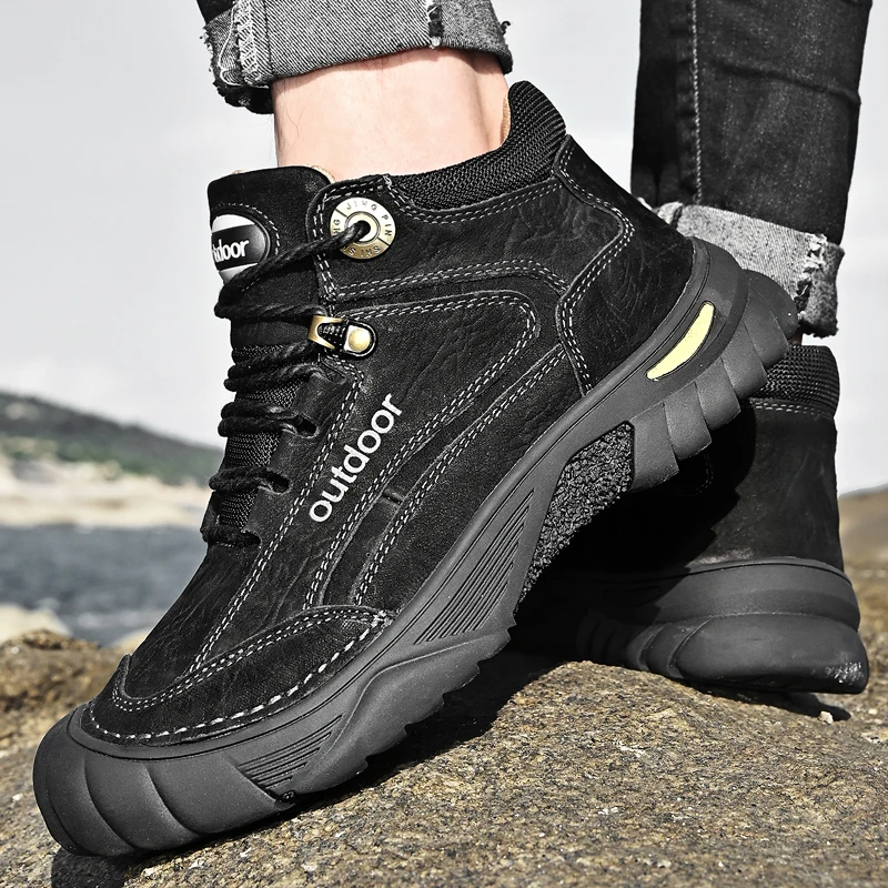 HIKEUP Men's Outdoor Hiking Shoes Cow Leather Winte Boot Waterproof Non-Slip Trekking Sneakers Durable Sports Protecting the toe