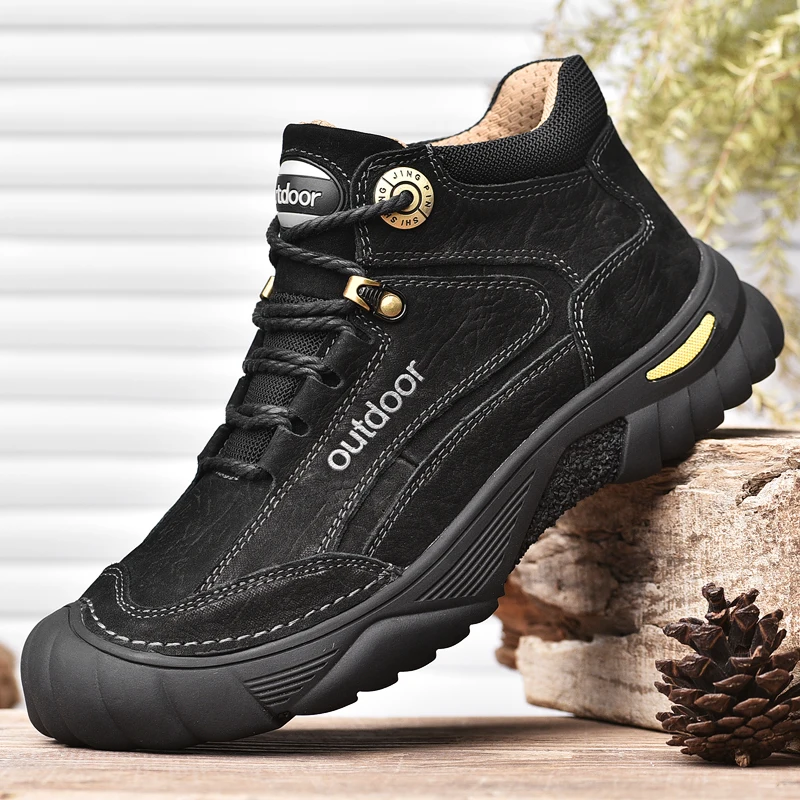 HIKEUP Men's Outdoor Hiking Shoes Cow Leather Winte Boot Waterproof Non-Slip Trekking Sneakers Durable Sports Protecting the toe