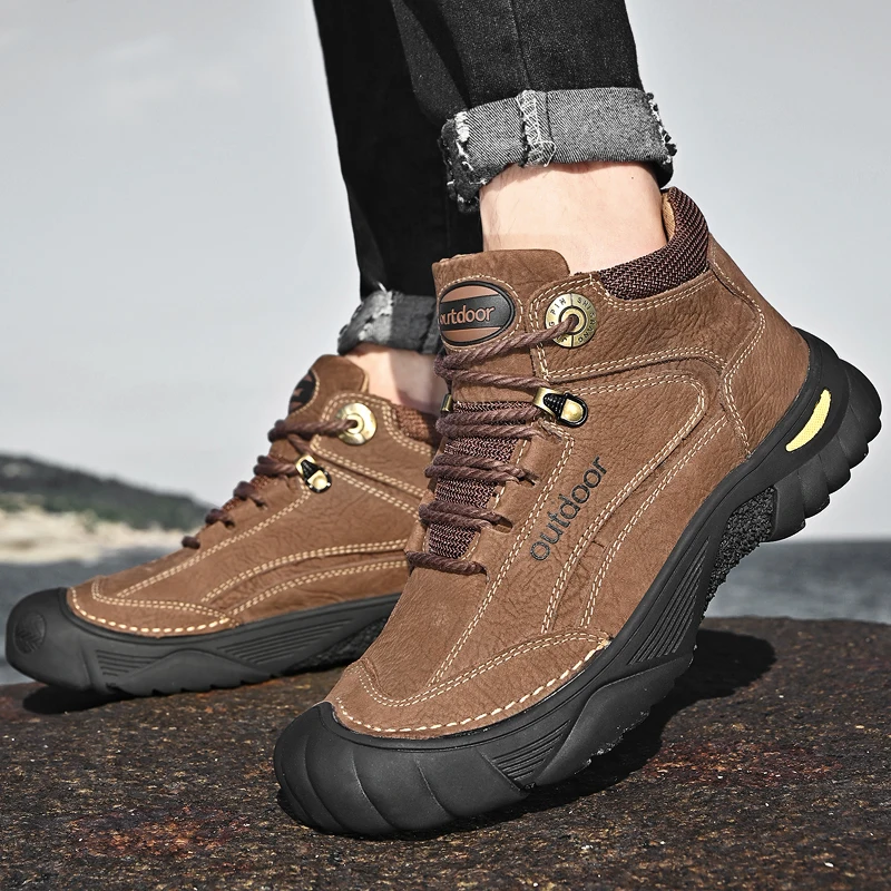 HIKEUP Men's Outdoor Hiking Shoes Cow Leather Winte Boot Waterproof Non-Slip Trekking Sneakers Durable Sports Protecting the toe