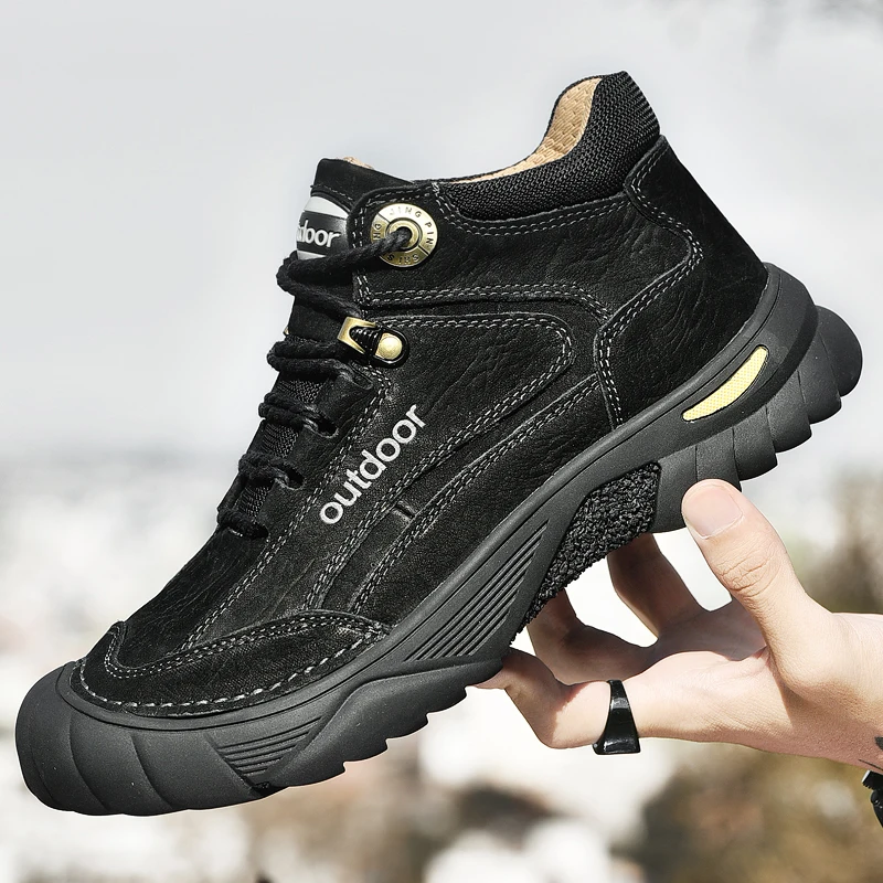 HIKEUP Men's Outdoor Hiking Shoes Cow Leather Winte Boot Waterproof Non-Slip Trekking Sneakers Durable Sports Protecting the toe