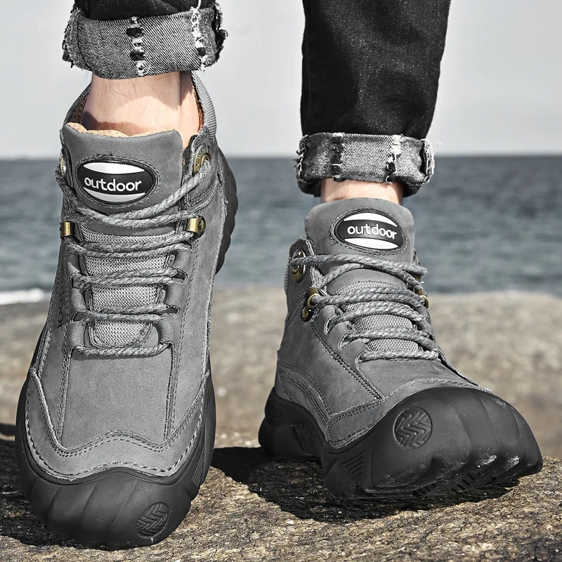 HIKEUP Men's Outdoor Hiking Shoes Cow Leather Winte Boot Waterproof Non-Slip Trekking Sneakers Durable Sports Protecting the toe