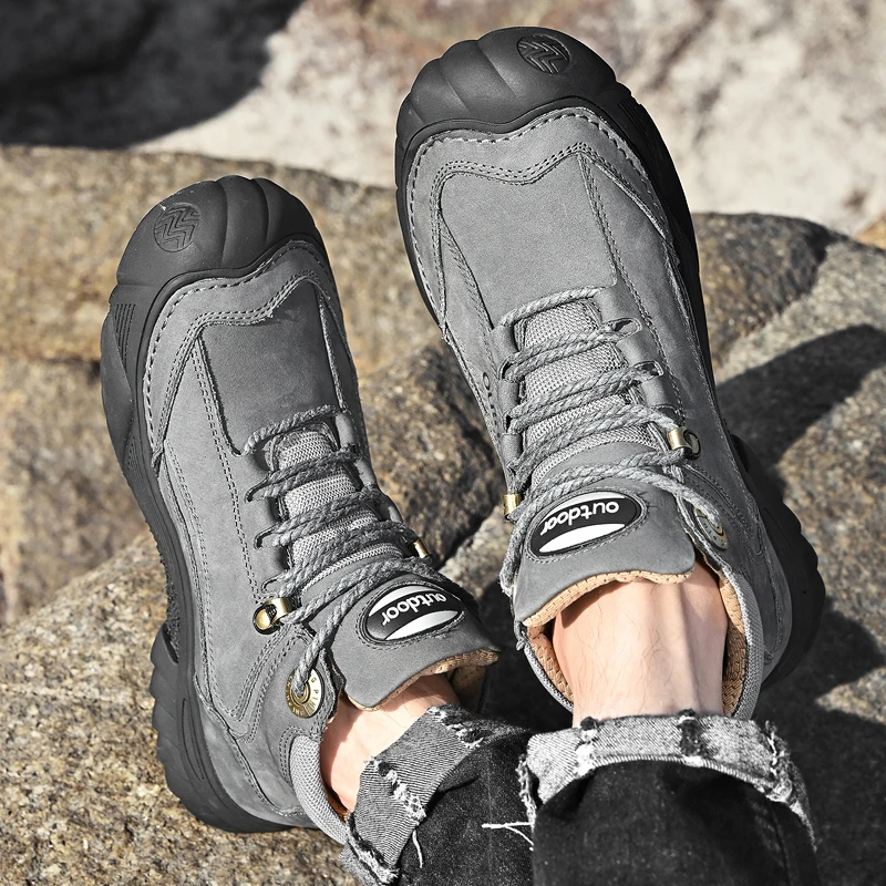 HIKEUP Men's Outdoor Hiking Shoes Cow Leather Winte Boot Waterproof Non-Slip Trekking Sneakers Durable Sports Protecting the toe