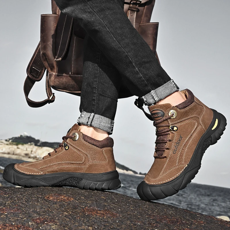 HIKEUP Men's Outdoor Hiking Shoes Cow Leather Winte Boot Waterproof Non-Slip Trekking Sneakers Durable Sports Protecting the toe