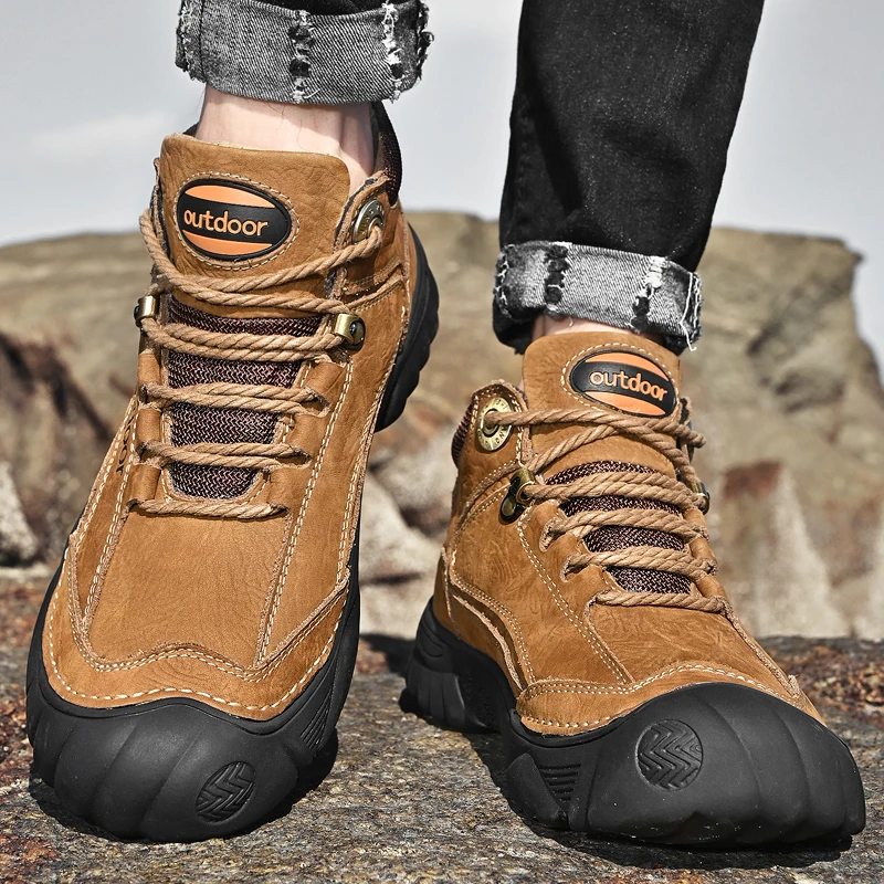 HIKEUP Men's Outdoor Hiking Shoes Cow Leather Winte Boot Waterproof Non-Slip Trekking Sneakers Durable Sports Protecting the toe