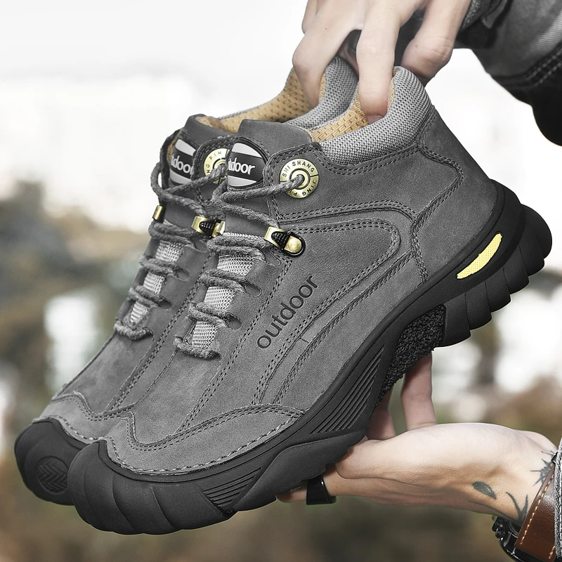 HIKEUP Men's Outdoor Hiking Shoes Cow Leather Winte Boot Waterproof Non-Slip Trekking Sneakers Durable Sports Protecting the toe