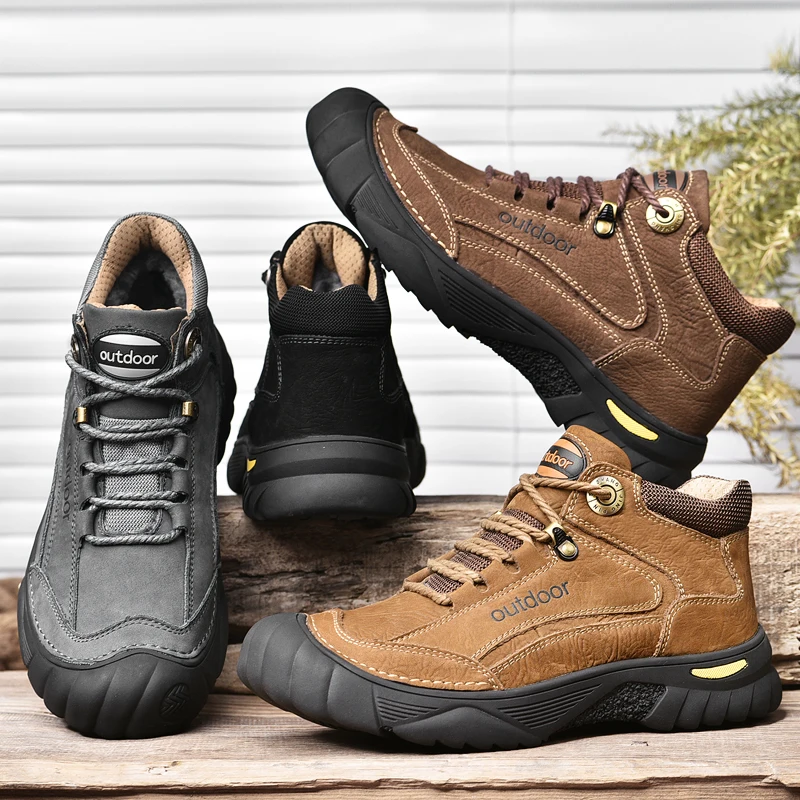 HIKEUP Men's Outdoor Hiking Shoes Cow Leather Winte Boot Waterproof Non-Slip Trekking Sneakers Durable Sports Protecting the toe