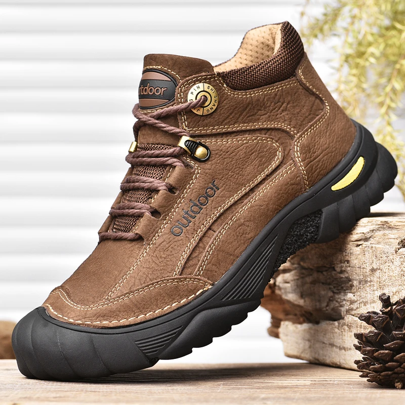 HIKEUP Men's Outdoor Hiking Shoes Cow Leather Winte Boot Waterproof Non-Slip Trekking Sneakers Durable Sports Protecting the toe