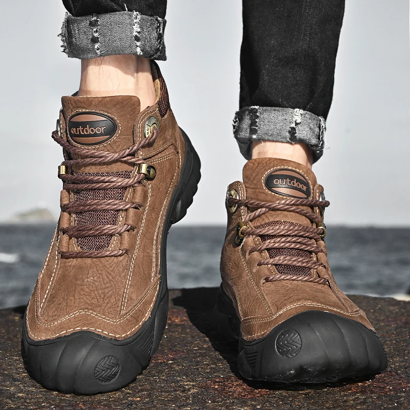 HIKEUP Men's Outdoor Hiking Shoes Cow Leather Winte Boot Waterproof Non-Slip Trekking Sneakers Durable Sports Protecting the toe