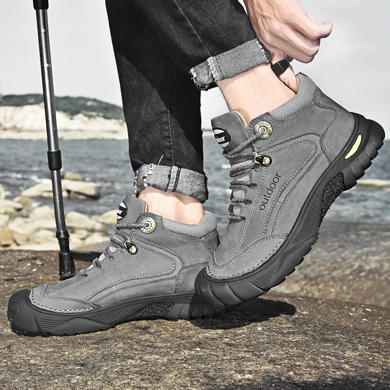 HIKEUP Men's Outdoor Hiking Shoes Cow Leather Winte Boot Waterproof Non-Slip Trekking Sneakers Durable Sports Protecting the toe