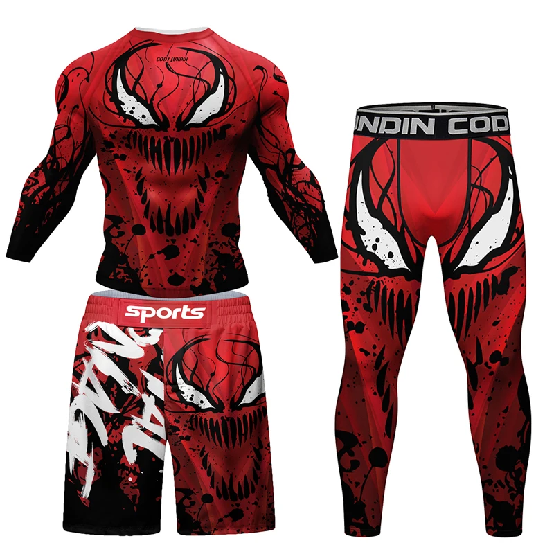 New Men MMA Compression T-shirt Muay Thai Shorts Spartan 4pcs/Set Rashguard Jiu Jitsu Shirts Clothing Bjj Boxing Boxe Sport Suit
