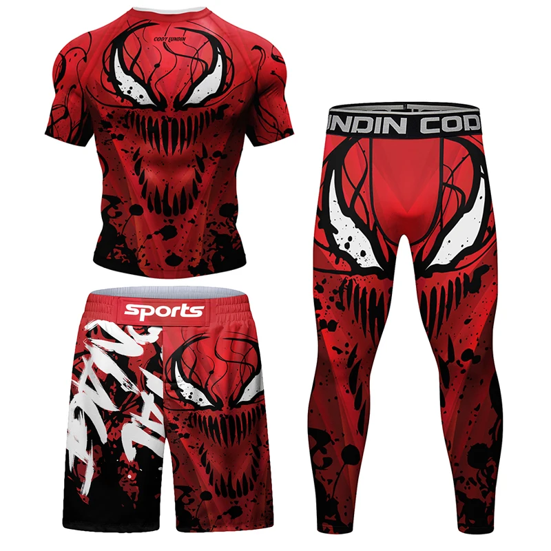 New Men MMA Compression T-shirt Muay Thai Shorts Spartan 4pcs/Set Rashguard Jiu Jitsu Shirts Clothing Bjj Boxing Boxe Sport Suit
