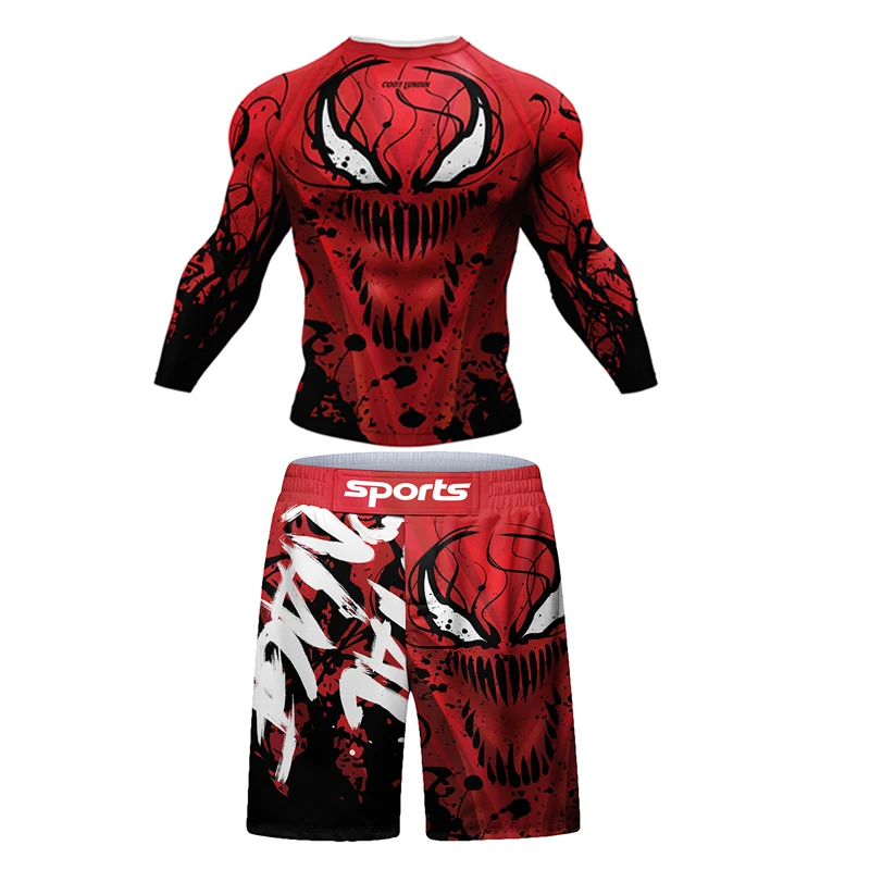 New Men MMA Compression T-shirt Muay Thai Shorts Spartan 4pcs/Set Rashguard Jiu Jitsu Shirts Clothing Bjj Boxing Boxe Sport Suit