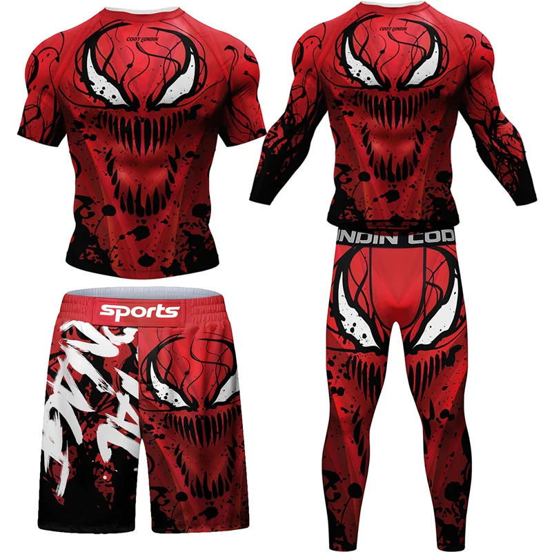 New Men MMA Compression T-shirt Muay Thai Shorts Spartan 4pcs/Set Rashguard Jiu Jitsu Shirts Clothing Bjj Boxing Boxe Sport Suit