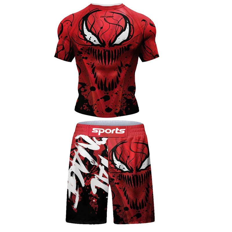 New Men MMA Compression T-shirt Muay Thai Shorts Spartan 4pcs/Set Rashguard Jiu Jitsu Shirts Clothing Bjj Boxing Boxe Sport Suit