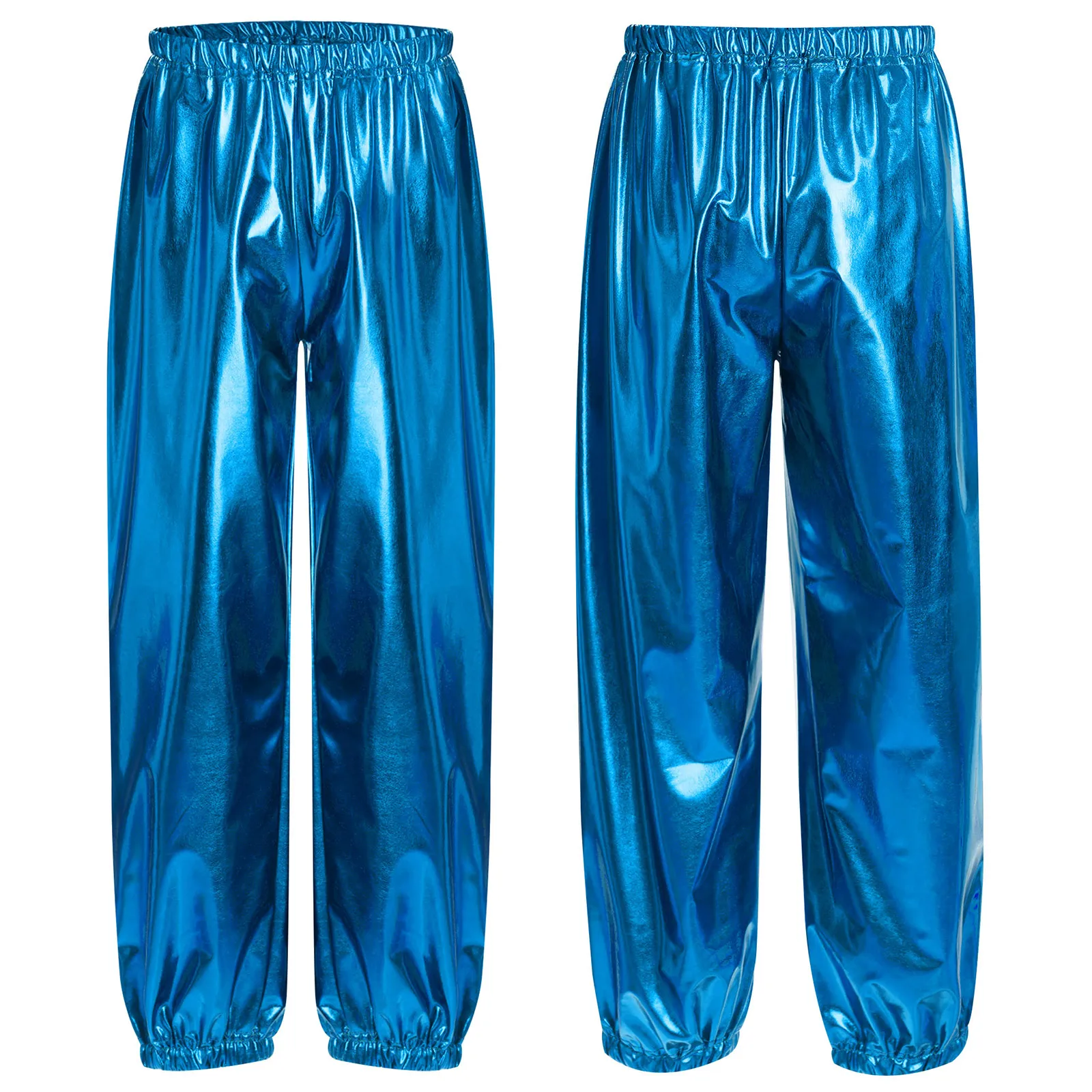 Kids Boys Girls Metallic Harem Pants Jazz Dance Costumes Elastic Waistband Shiny Trousers for Modern Hip Hop Street Dancewear