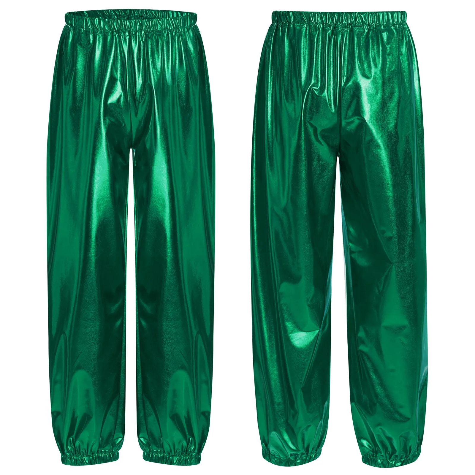 Kids Boys Girls Metallic Harem Pants Jazz Dance Costumes Elastic Waistband Shiny Trousers for Modern Hip Hop Street Dancewear