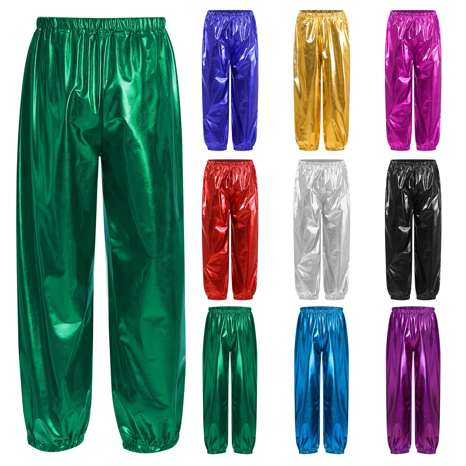 Kids Boys Girls Metallic Harem Pants Jazz Dance Costumes Elastic Waistband Shiny Trousers for Modern Hip Hop Street Dancewear