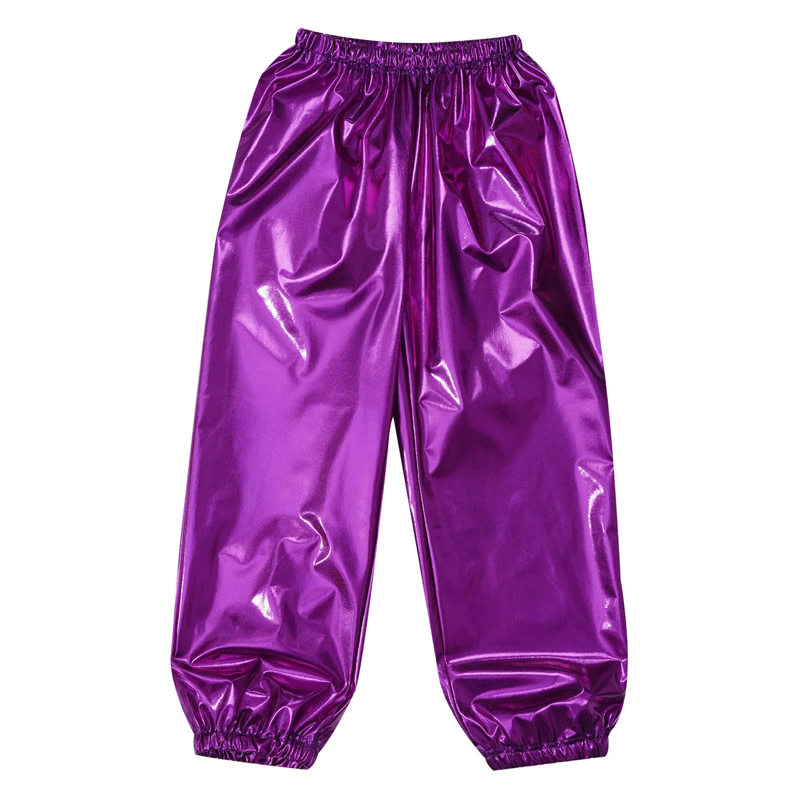 Kids Boys Girls Metallic Harem Pants Jazz Dance Costumes Elastic Waistband Shiny Trousers for Modern Hip Hop Street Dancewear