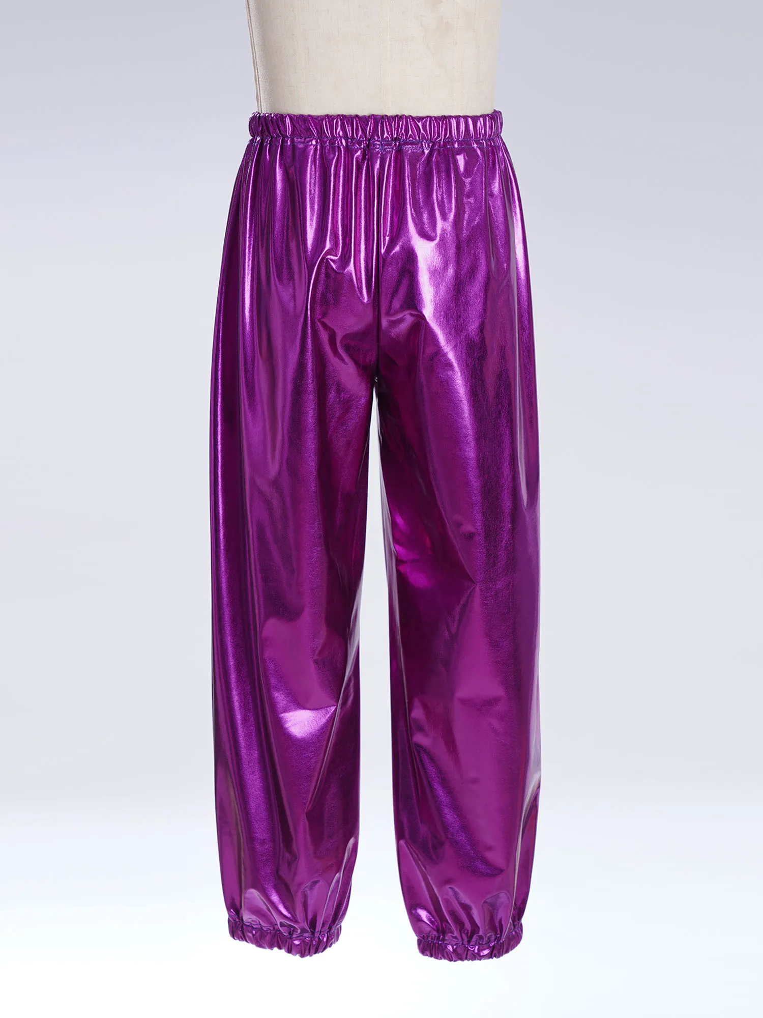 Kids Boys Girls Metallic Harem Pants Jazz Dance Costumes Elastic Waistband Shiny Trousers for Modern Hip Hop Street Dancewear