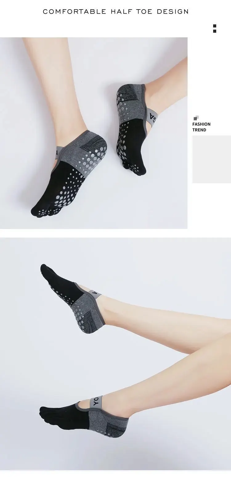 Ladies Breathable Yoga Socks Silicone Non-Slip Five Finger Pilates Socks for Women Backless Fitness Ballet Dance Cotton Gym Sock