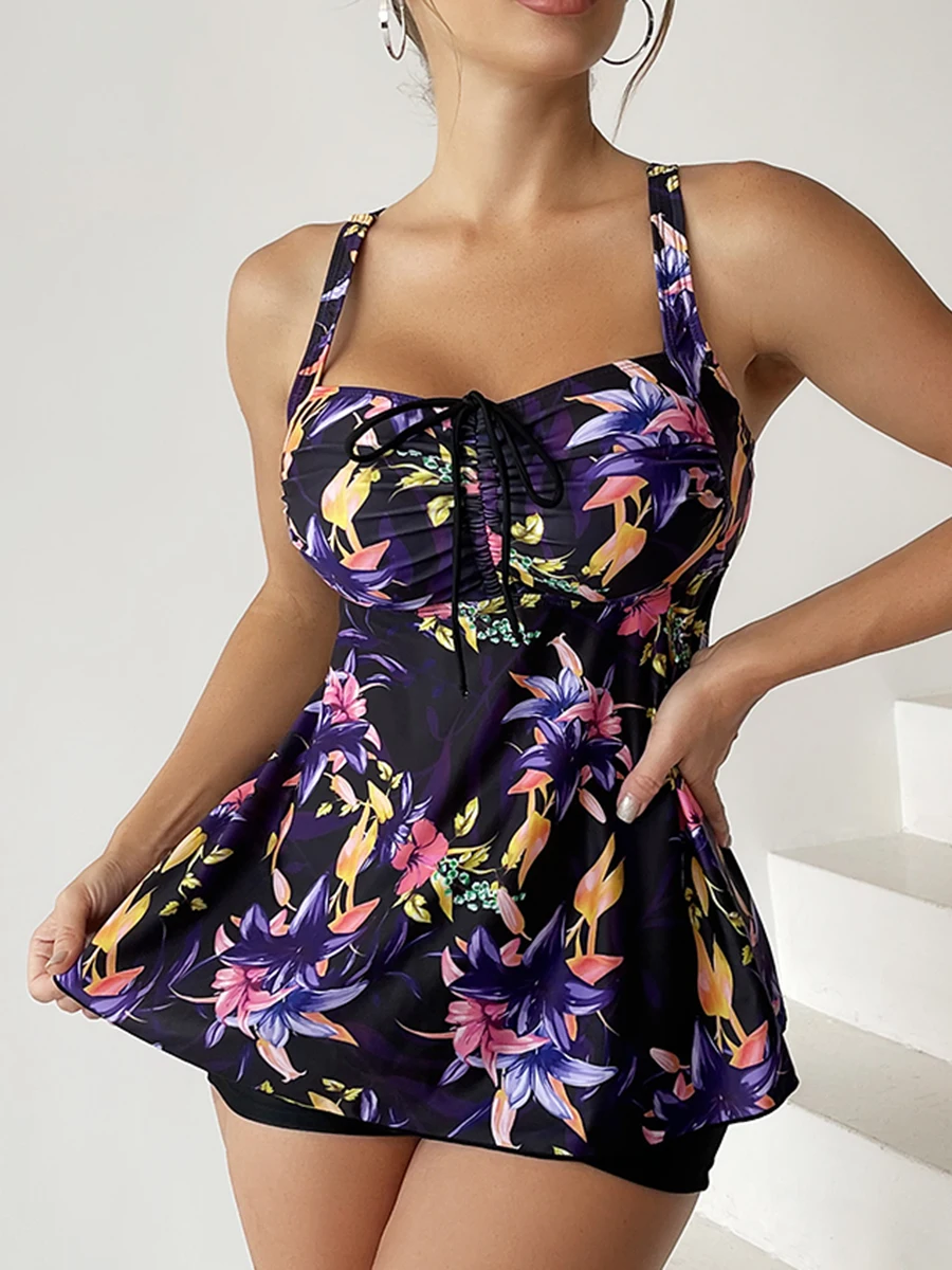 2026 Floral Printed Tankini Set Two Piece Swimsuit Short Women Drawstring Swimwear Female Bathing Suit Beachwear Swimming Summer
