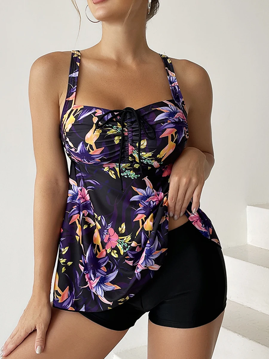 2026 Floral Printed Tankini Set Two Piece Swimsuit Short Women Drawstring Swimwear Female Bathing Suit Beachwear Swimming Summer