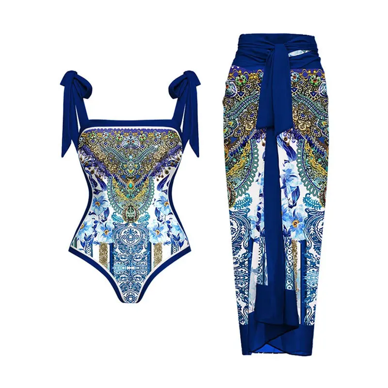 2026 Swimwear Women One Piece Swimsuit With Beach Skirt Printed Bathers Swimming Bathing Swim Suit Beachwear Summer Bodysuit
