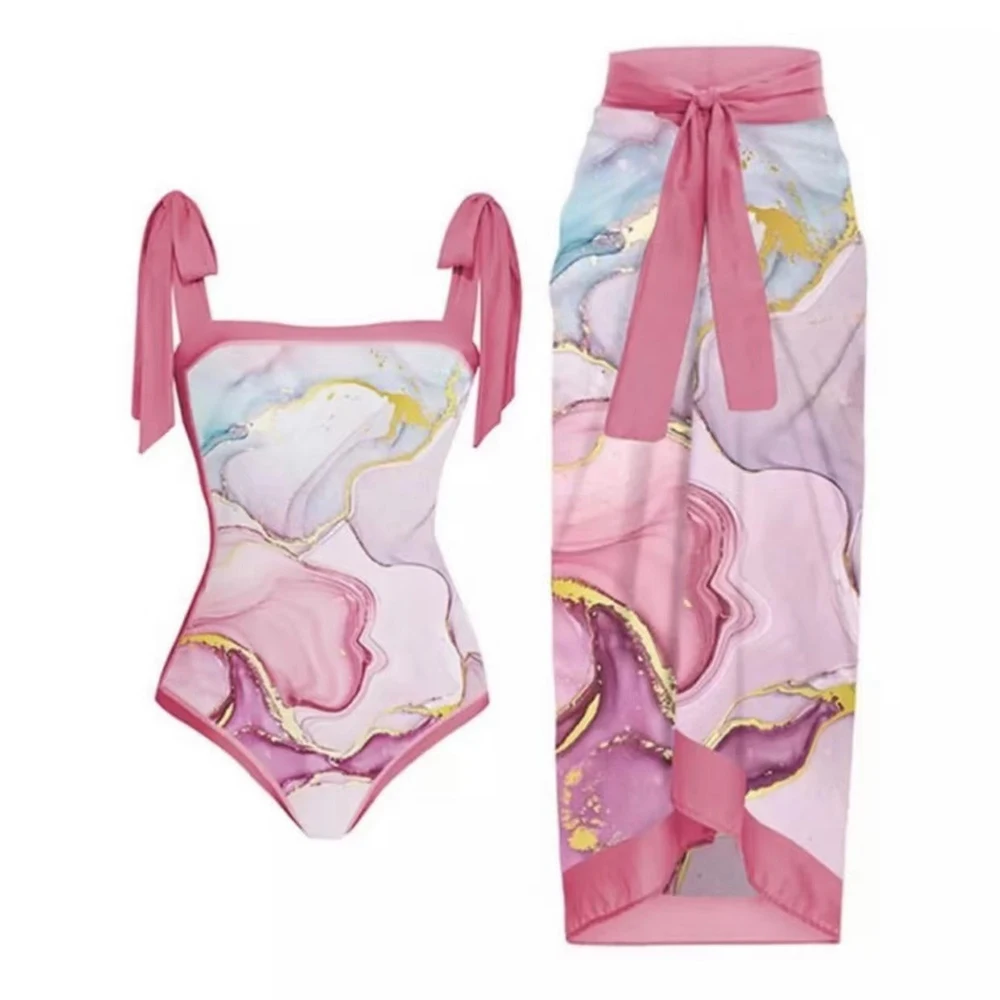 2026 Swimwear Women One Piece Swimsuit With Beach Skirt Printed Bathers Swimming Bathing Swim Suit Beachwear Summer Bodysuit
