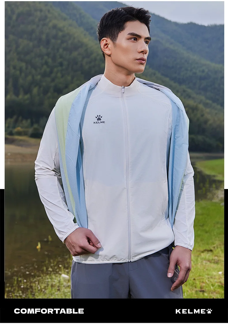 Kelme Men's Light Woven Jacket Upf50+ Sun Protection Stand Collar Jacket Day Training Outdoor Sports Running Windbreaker
