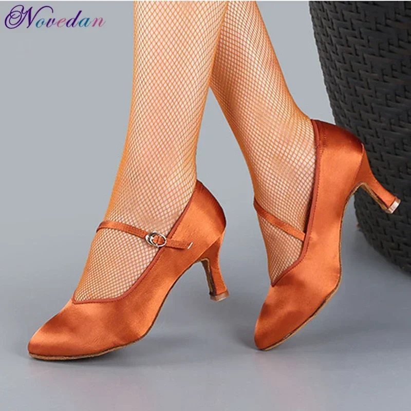 Standard Dance Shoes Women High Heels Ladies Satin Ballroom Dance Shoes Closed Toe Modern Quickstep Foxtrot Waltz Dance Shoes