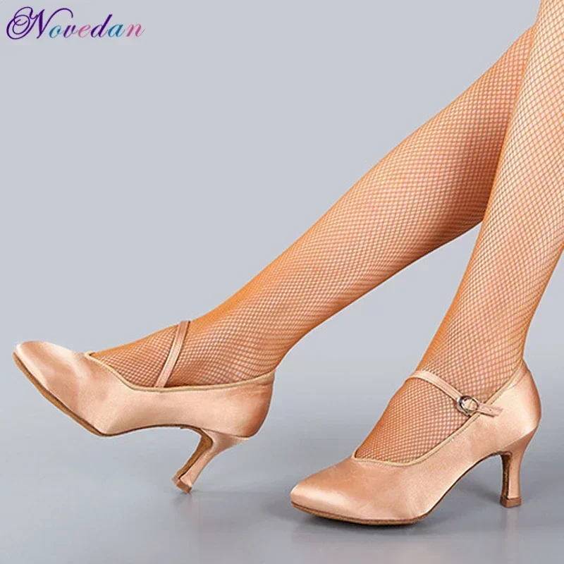 Standard Dance Shoes Women High Heels Ladies Satin Ballroom Dance Shoes Closed Toe Modern Quickstep Foxtrot Waltz Dance Shoes