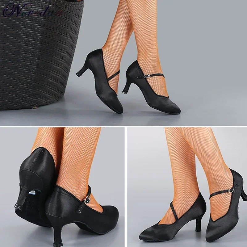 Standard Dance Shoes Women High Heels Ladies Satin Ballroom Dance Shoes Closed Toe Modern Quickstep Foxtrot Waltz Dance Shoes