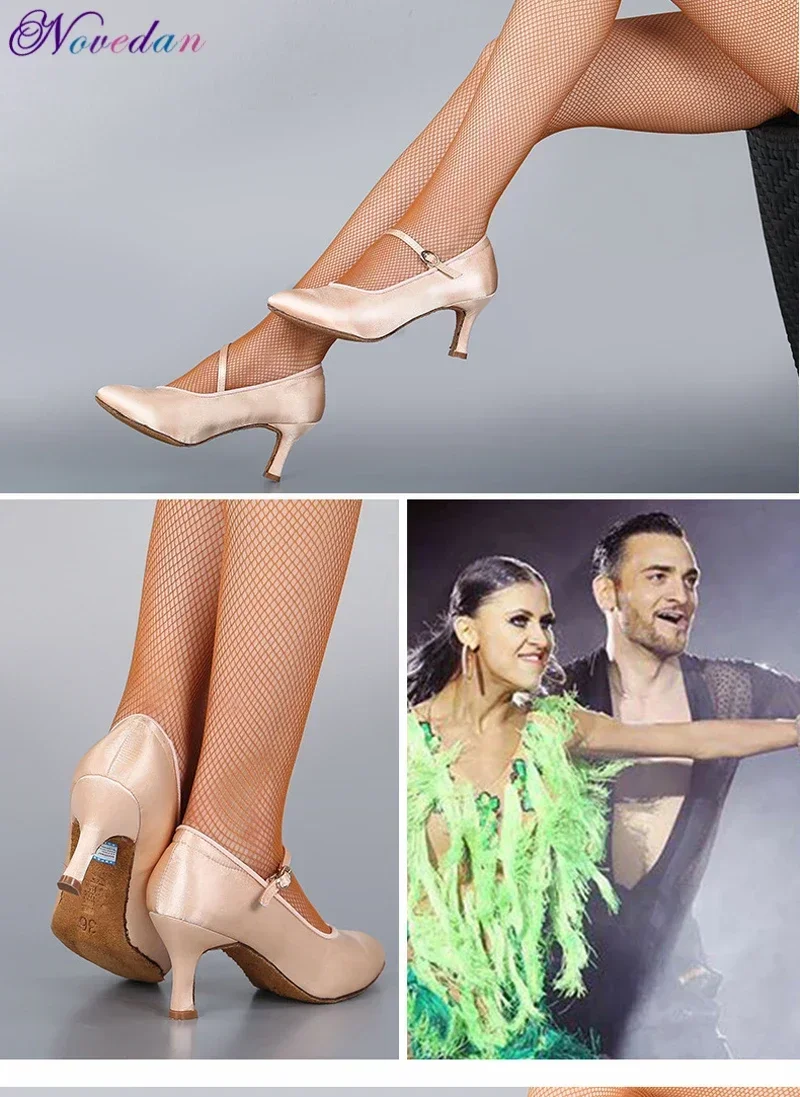 Standard Dance Shoes Women High Heels Ladies Satin Ballroom Dance Shoes Closed Toe Modern Quickstep Foxtrot Waltz Dance Shoes