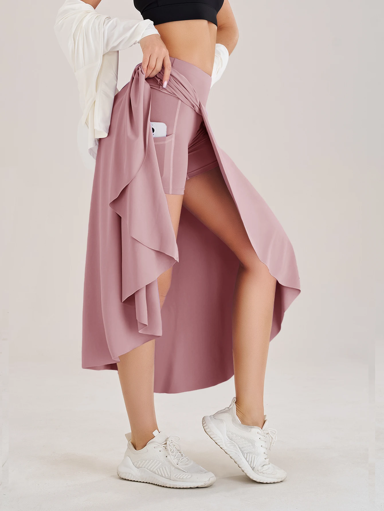 Lady Yoga Tennis Skorts Shorts with Side Pockets and an Opening at the Waist Long dress Fitness Sportswear Workout For Women