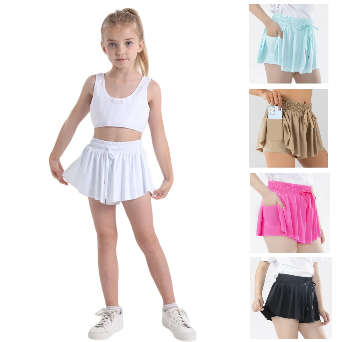 Girls Flowy Shorts Butterfly Shorts With Pocket 2-in-1 Athletic Biker Running 5-12 Years For Kids Active Workout Sports Tennis
