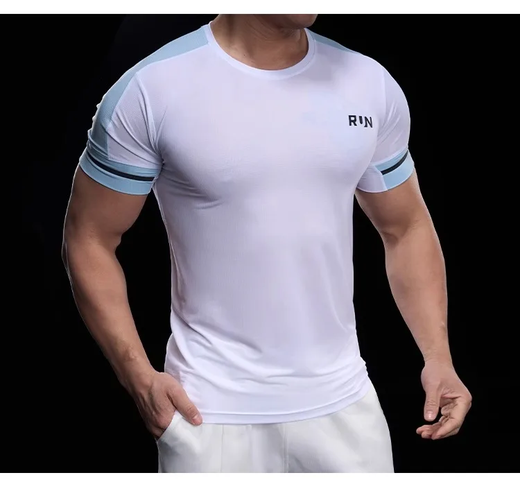 2025 Spring Summer Men's Running Training Sports Gym Fitness Top Quick Dry Breathable High Elastic Short Sleeve T-shirt Men
