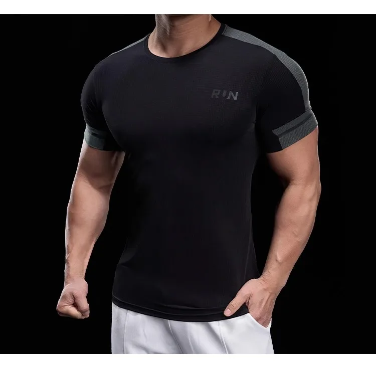 2025 Spring Summer Men's Running Training Sports Gym Fitness Top Quick Dry Breathable High Elastic Short Sleeve T-shirt Men