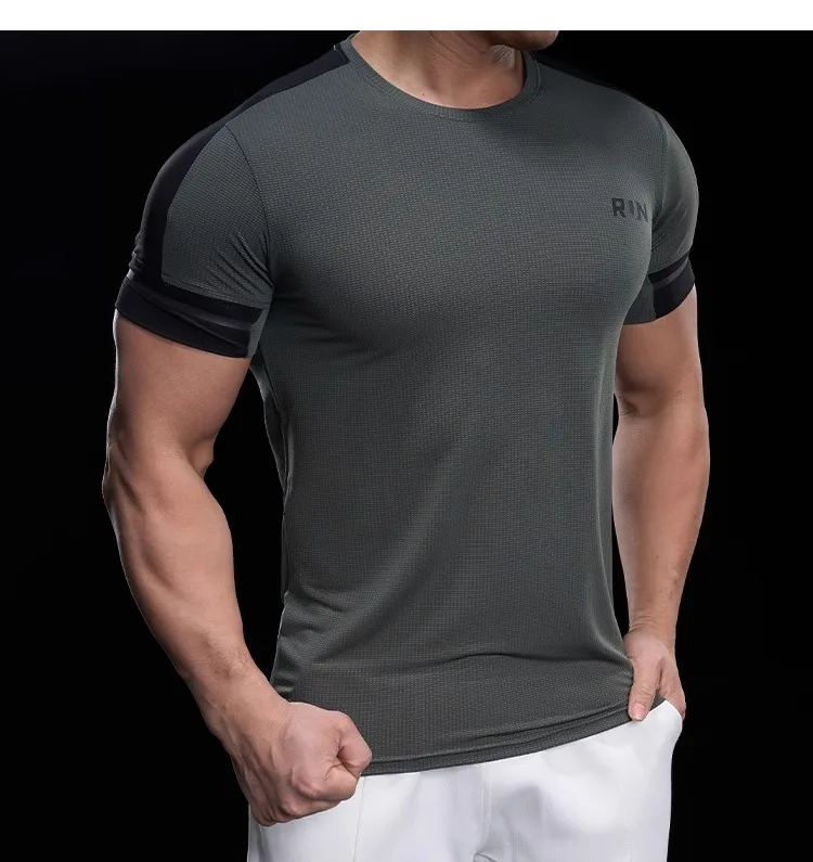 2025 Spring Summer Men's Running Training Sports Gym Fitness Top Quick Dry Breathable High Elastic Short Sleeve T-shirt Men