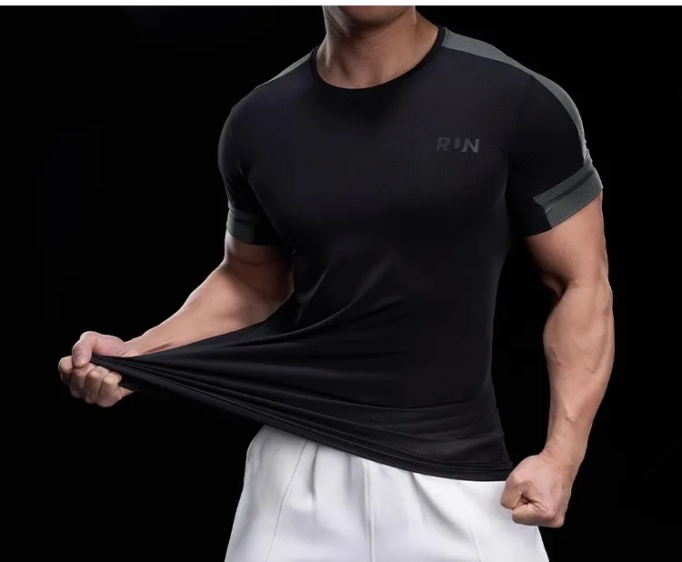 2025 Spring Summer Men's Running Training Sports Gym Fitness Top Quick Dry Breathable High Elastic Short Sleeve T-shirt Men
